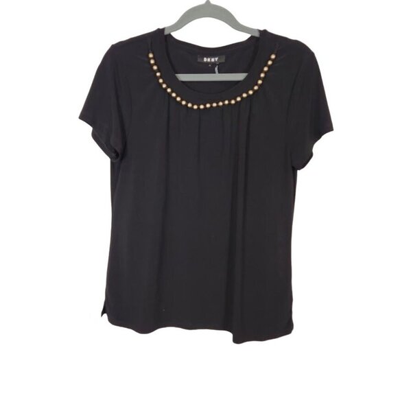 DKNY Women's Beaded Neckline Tee in Black - Size Medium - Picture 1 of 6
